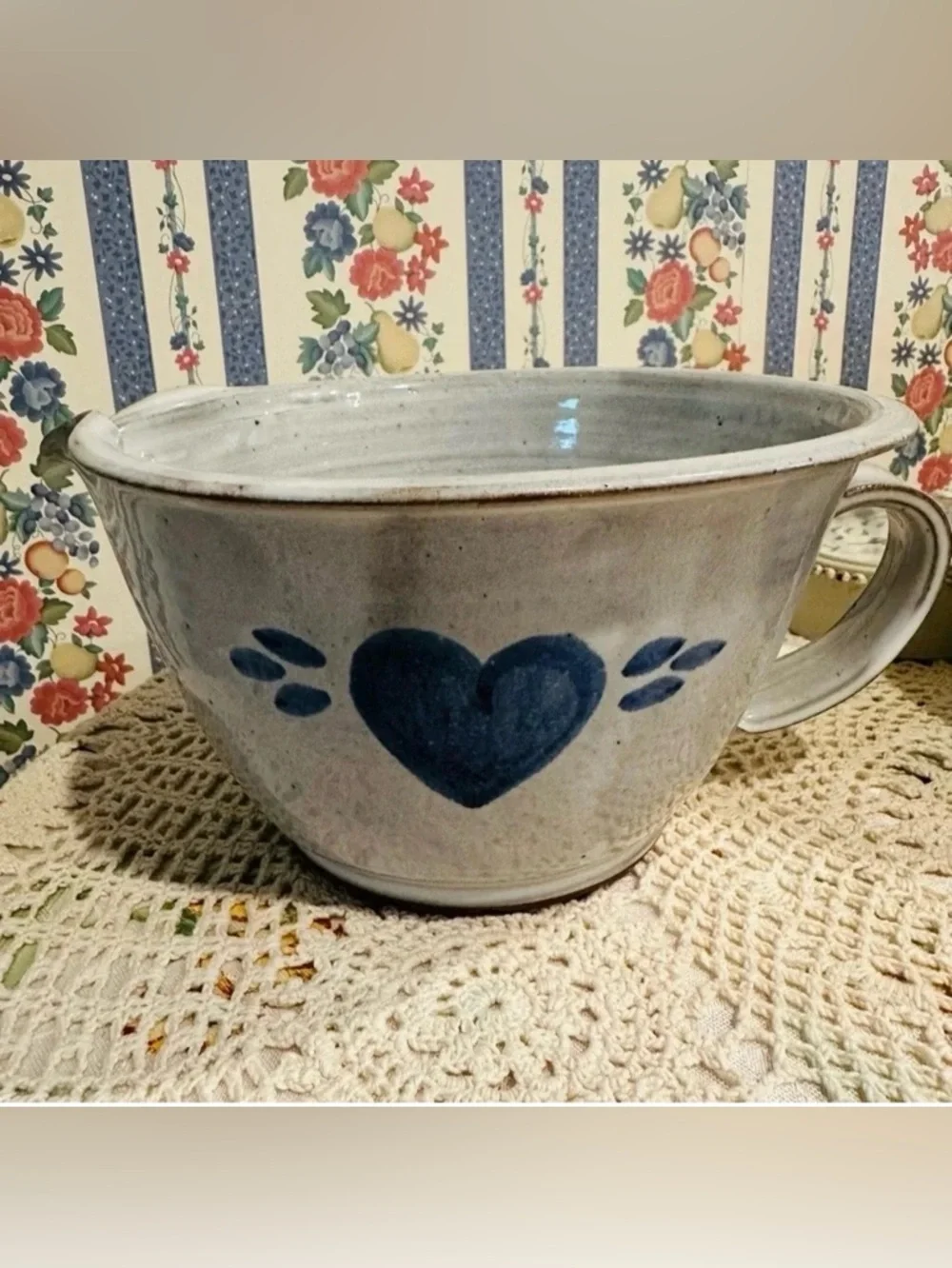 Vintage NC Pottery EggGlaze Blue Heart 1987 Signed Owens Mixing Bowl farmhouse